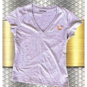 NWT True Religion Foil Logo Tee Top Large Heather Gray Horseshoe V Neck Western